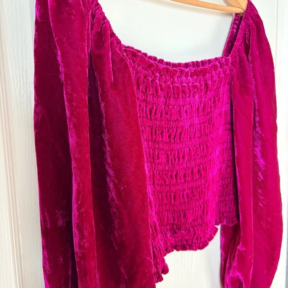 Anthropologie Magenta Pink Rose Smocked Velvet Puff Sleeve Peasant Blouse, M